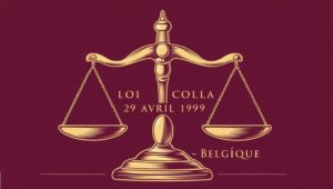 Une illustration représentant une balance dorée de la justice, avec deux plateaux suspendus à des chaînes, symétriquement équilibrés. En arrière-plan, un fond uni de couleur bordeaux met en valeur les détails dorés. Au centre, entre les bras de la balance, le texte "LOI COLLA, 29 AVRIL 1999" est écrit en lettres capitales dorées. En bas, le mot "Belgique" est inscrit, également en doré. L'ensemble donne une impression formelle et solennelle, évoquant le droit ou la législation.