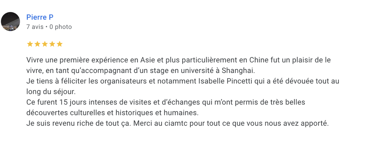 Témoignage avis très positif d'un accompagnant stage 2025 Chine CIAMTC