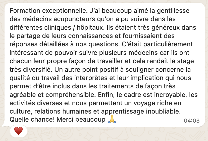 témoignage très positif du voyage stage de juillet 2025 médecinechinoise acupunc ture